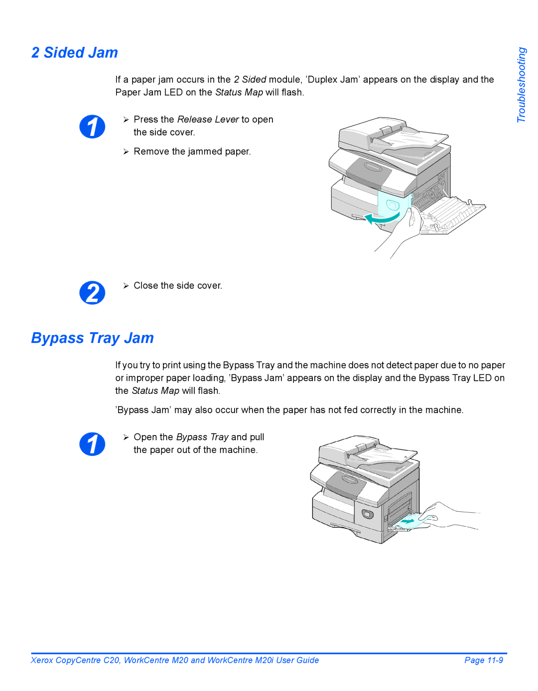 Xerox M20I manual Sided Jam, Bypass Tray Jam, ¾ Remove the jammed paper, Paper out of the machine 