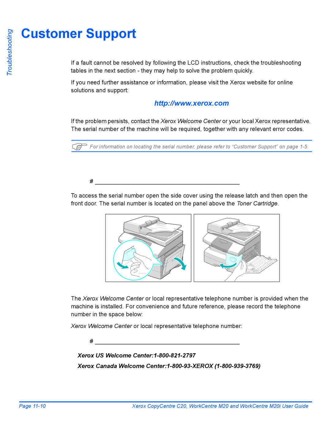 Xerox M20I manual Customer Support 