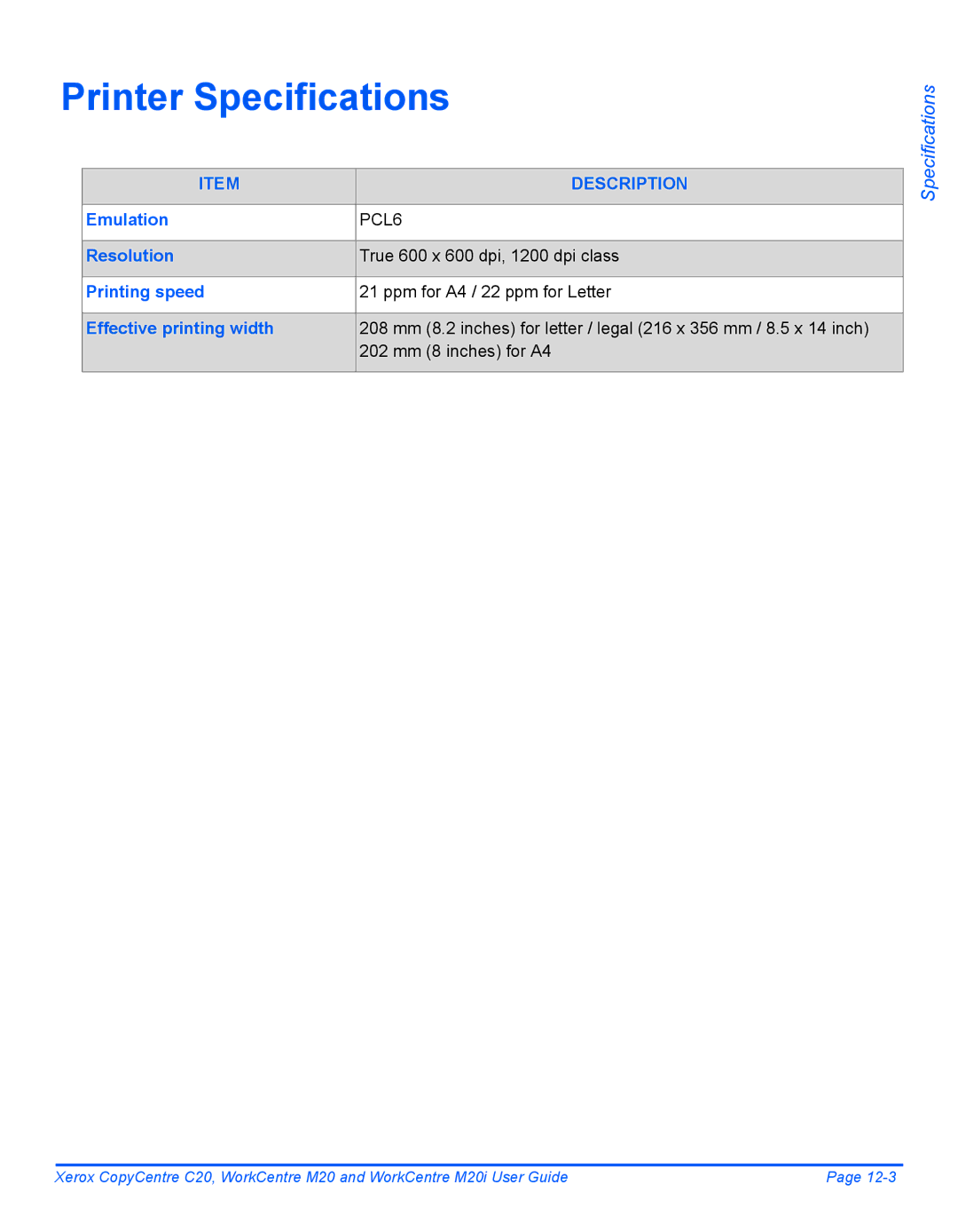 Xerox M20I manual Printer Specifications, Emulation 