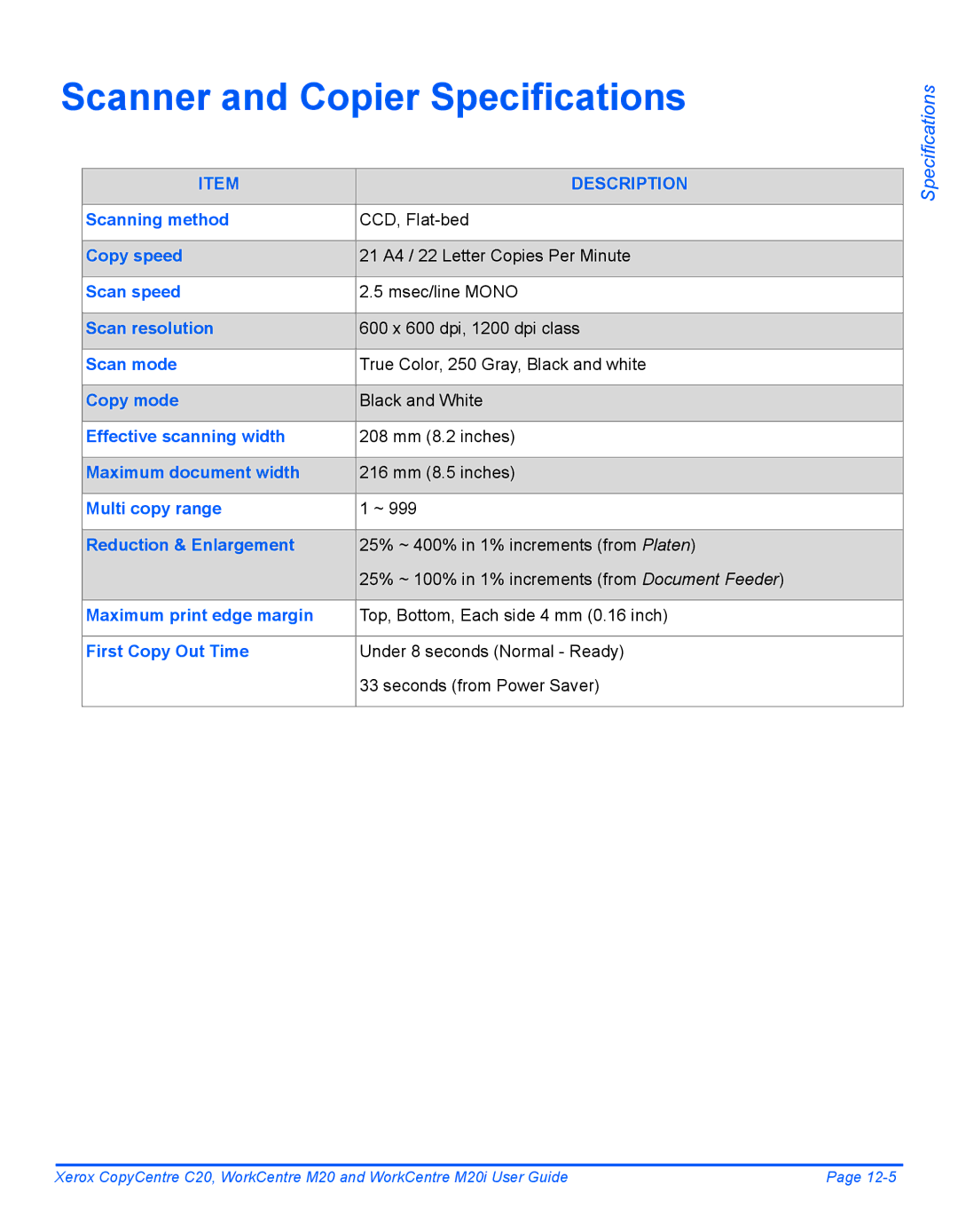 Xerox M20I manual Scanner and Copier Specifications 