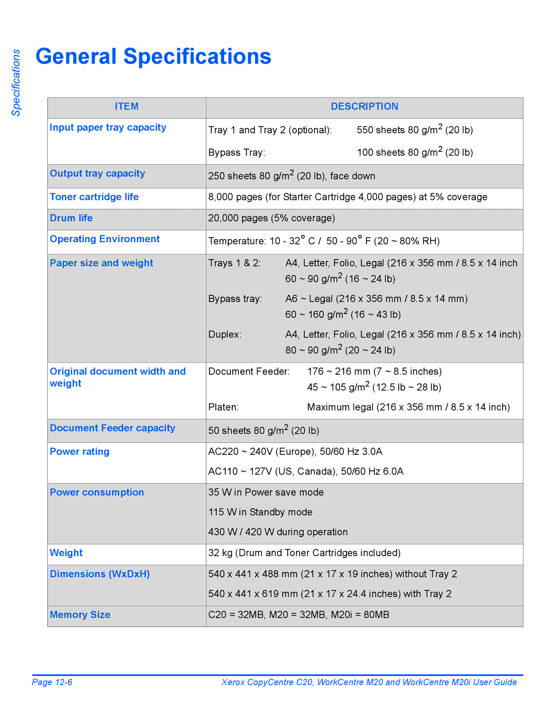 Xerox M20I manual General Specifications 