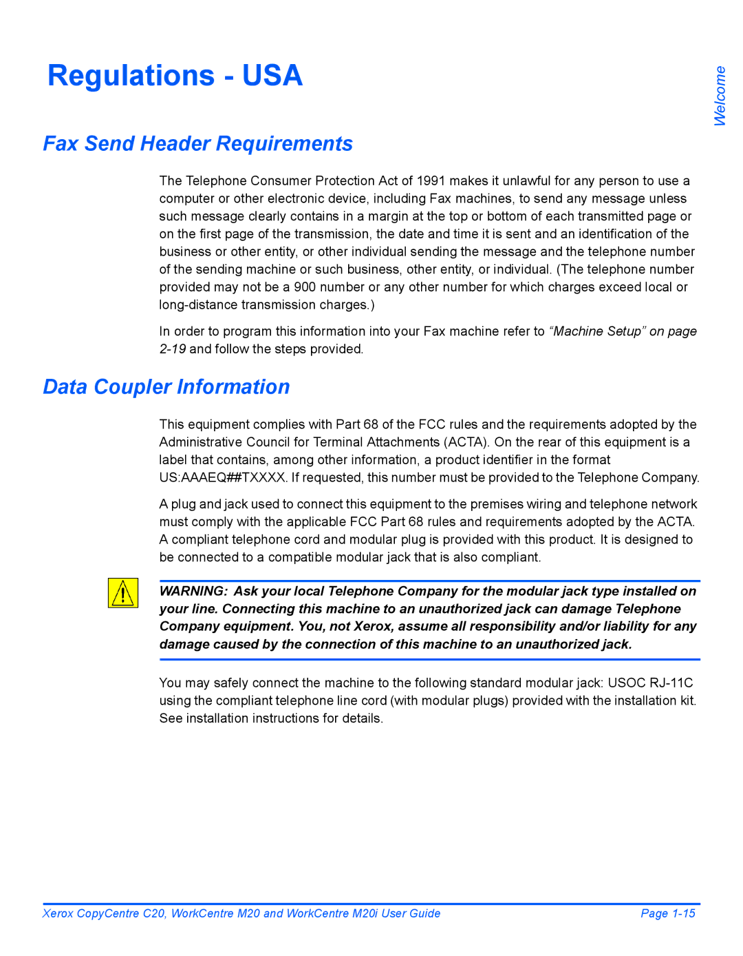 Xerox M20I manual Regulations USA, Fax Send Header Requirements, Data Coupler Information 