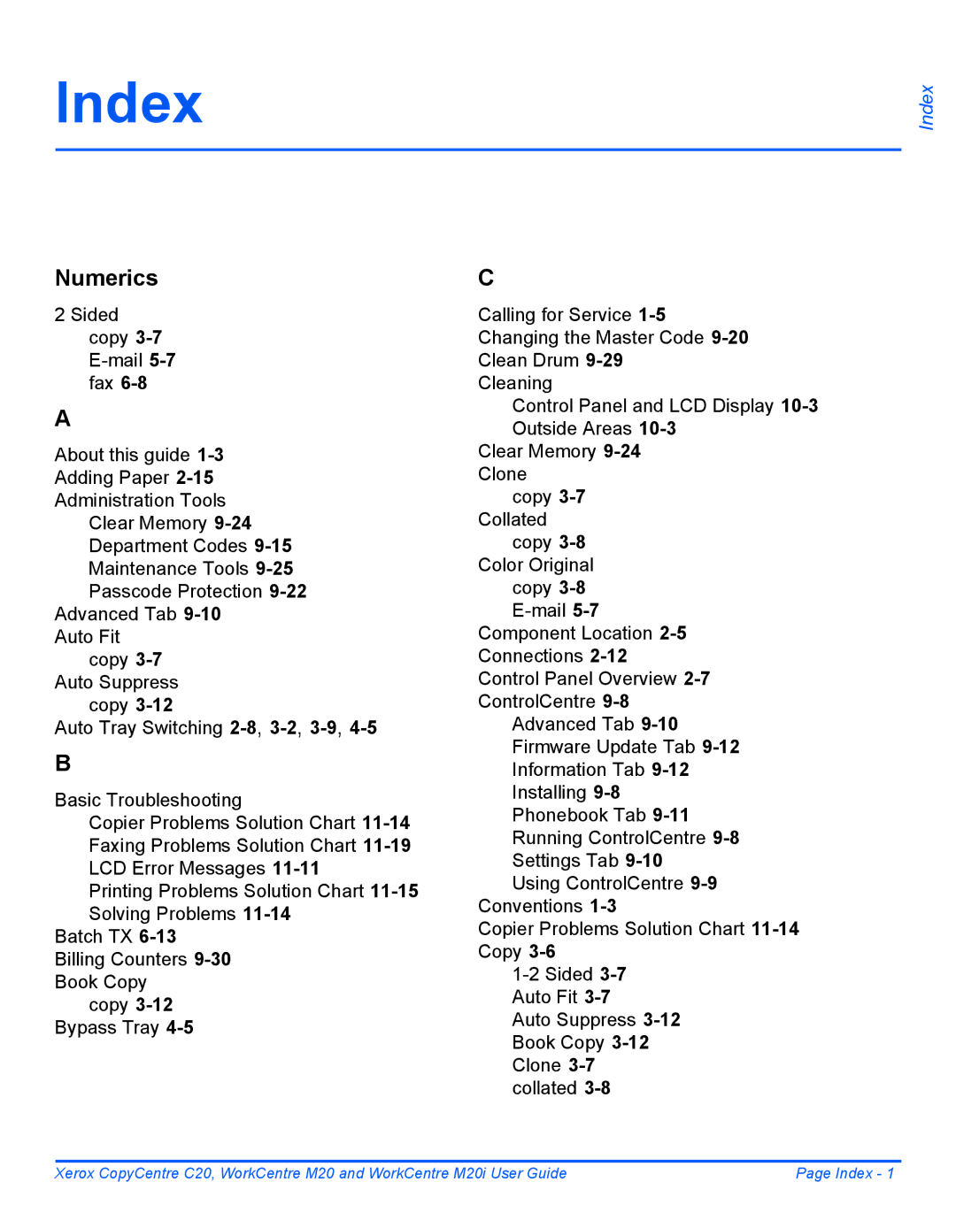 Xerox M20I manual Index, Numerics 