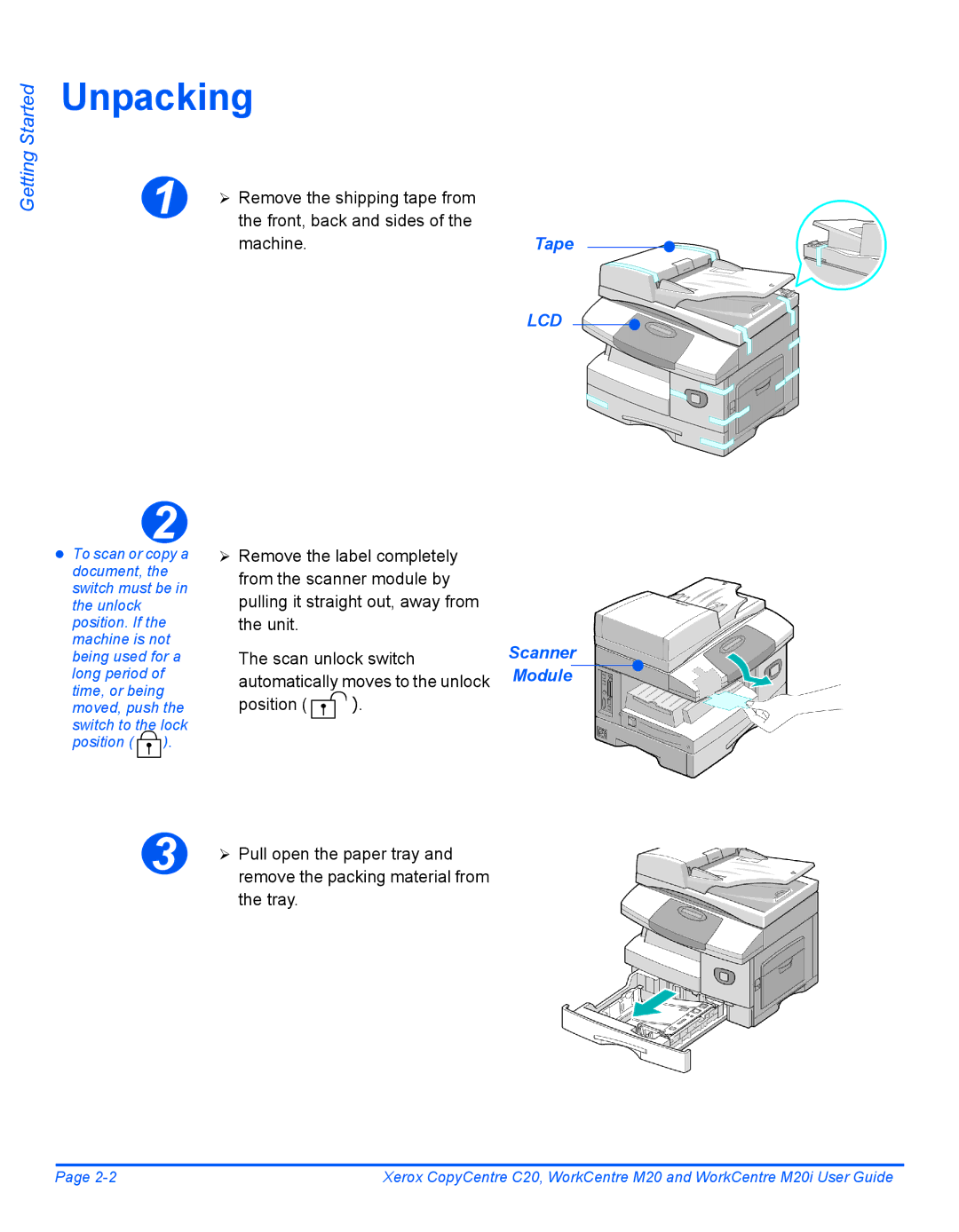 Xerox M20I manual Unpacking, Tape, Scanner Module, ¾ Pull open the paper tray, Tray 