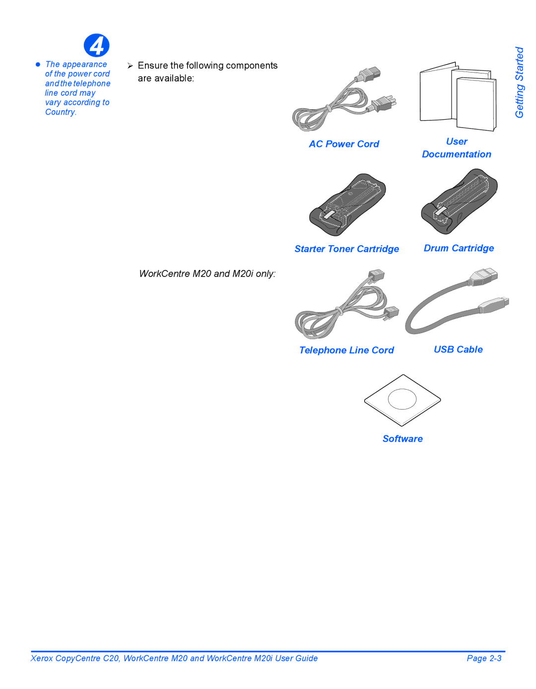 Xerox M20I manual AC Power Cord, Documentation, Starter Toner Cartridge, WorkCentre M20 and M20i only 