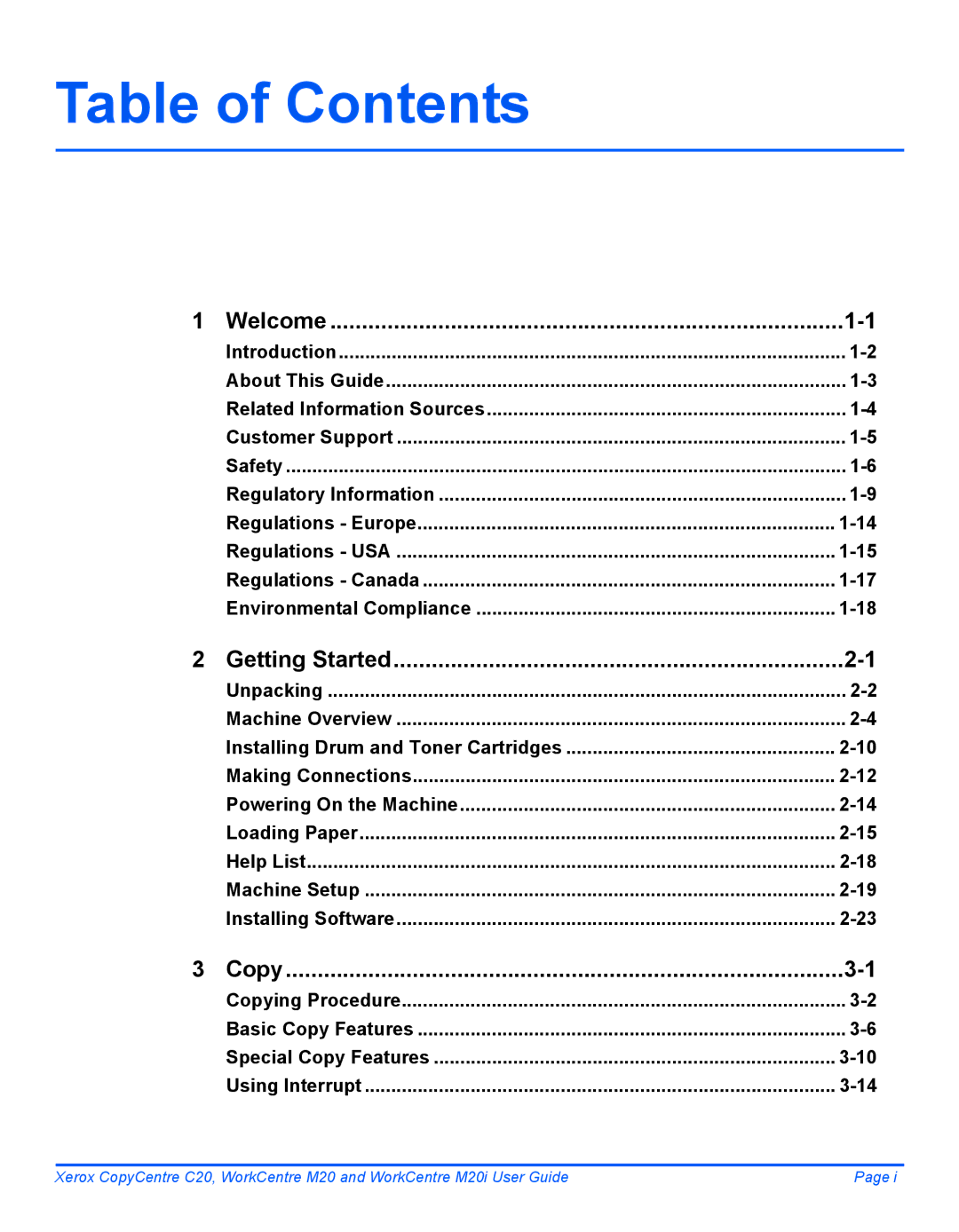 Xerox M20I manual Table of Contents 