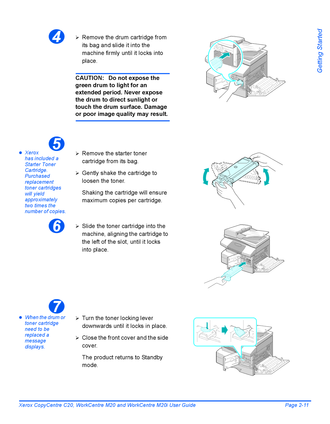 Xerox M20I manual Its bag and slide it into, Machine firmly until it locks into place, ¾ Slide the toner cartridge into 