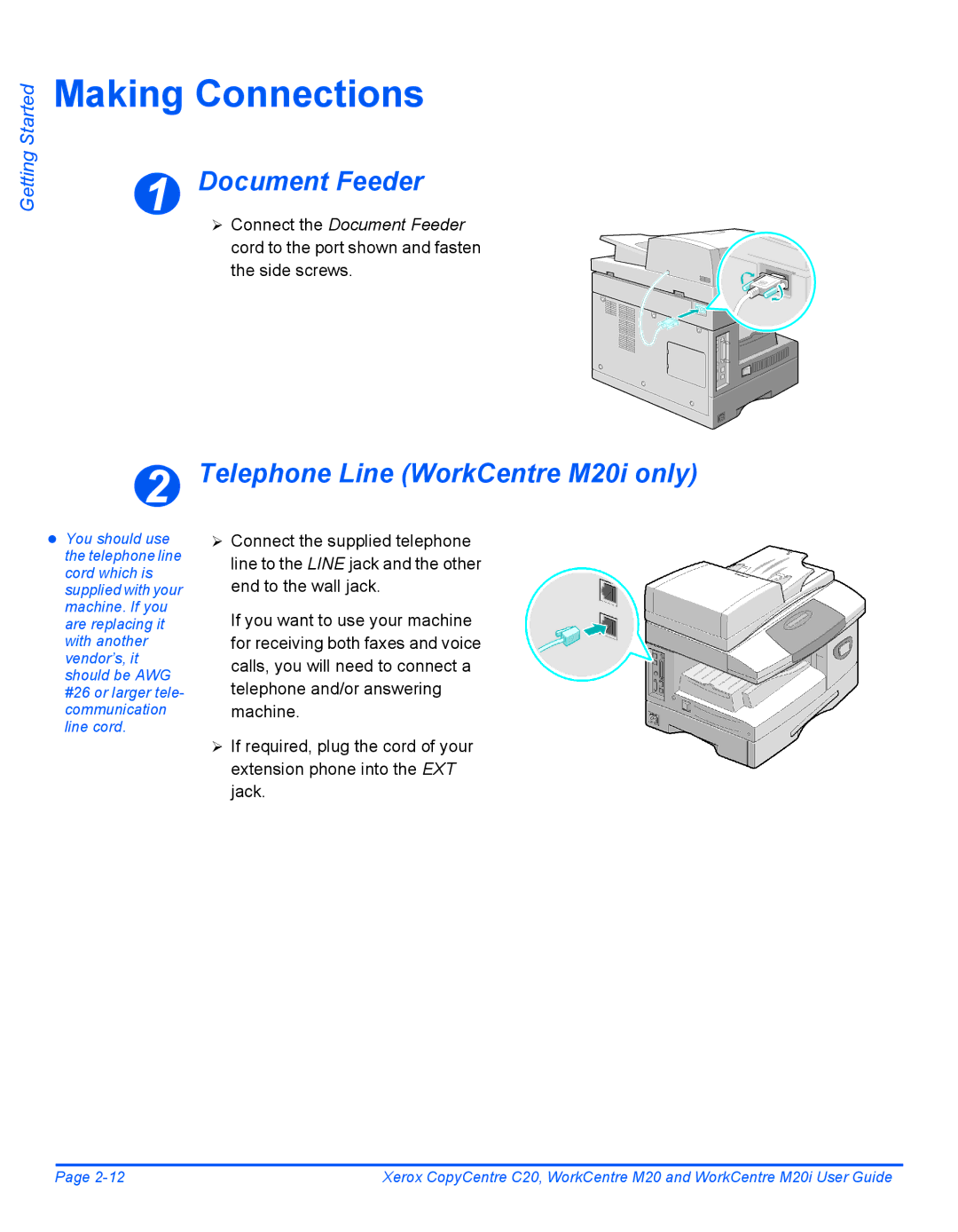 Xerox M20I manual Making Connections, Document Feeder, Telephone Line WorkCentre M20i only 