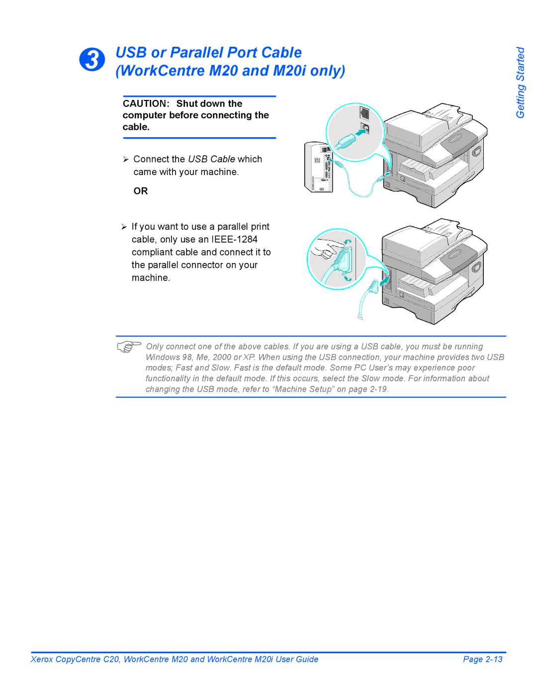 Xerox M20I manual USB or Parallel Port Cable, WorkCentre M20 and M20i only 