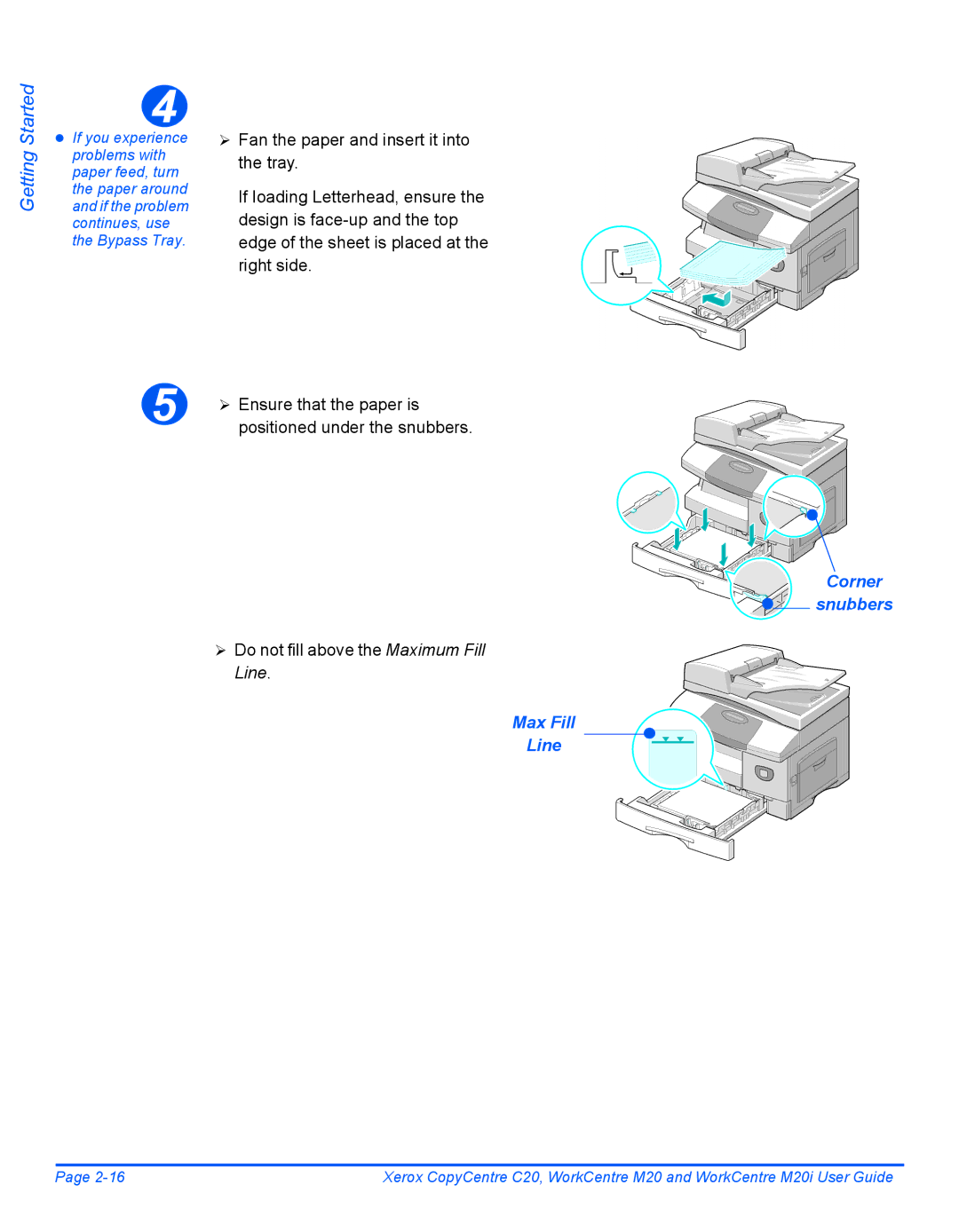 Xerox M20I manual Corner Snubbers, ¾ Do not fill above the Maximum Fill Line, Max Fill Line 