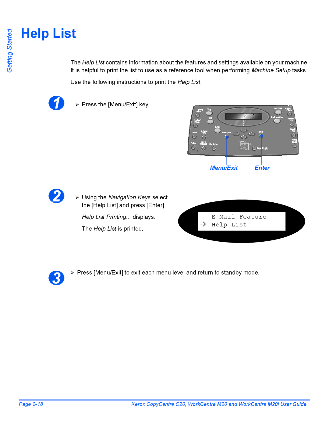 Xerox M20I manual Mail Feature Æ Help List, Help List Printing... displays, Menu/Exit Enter 