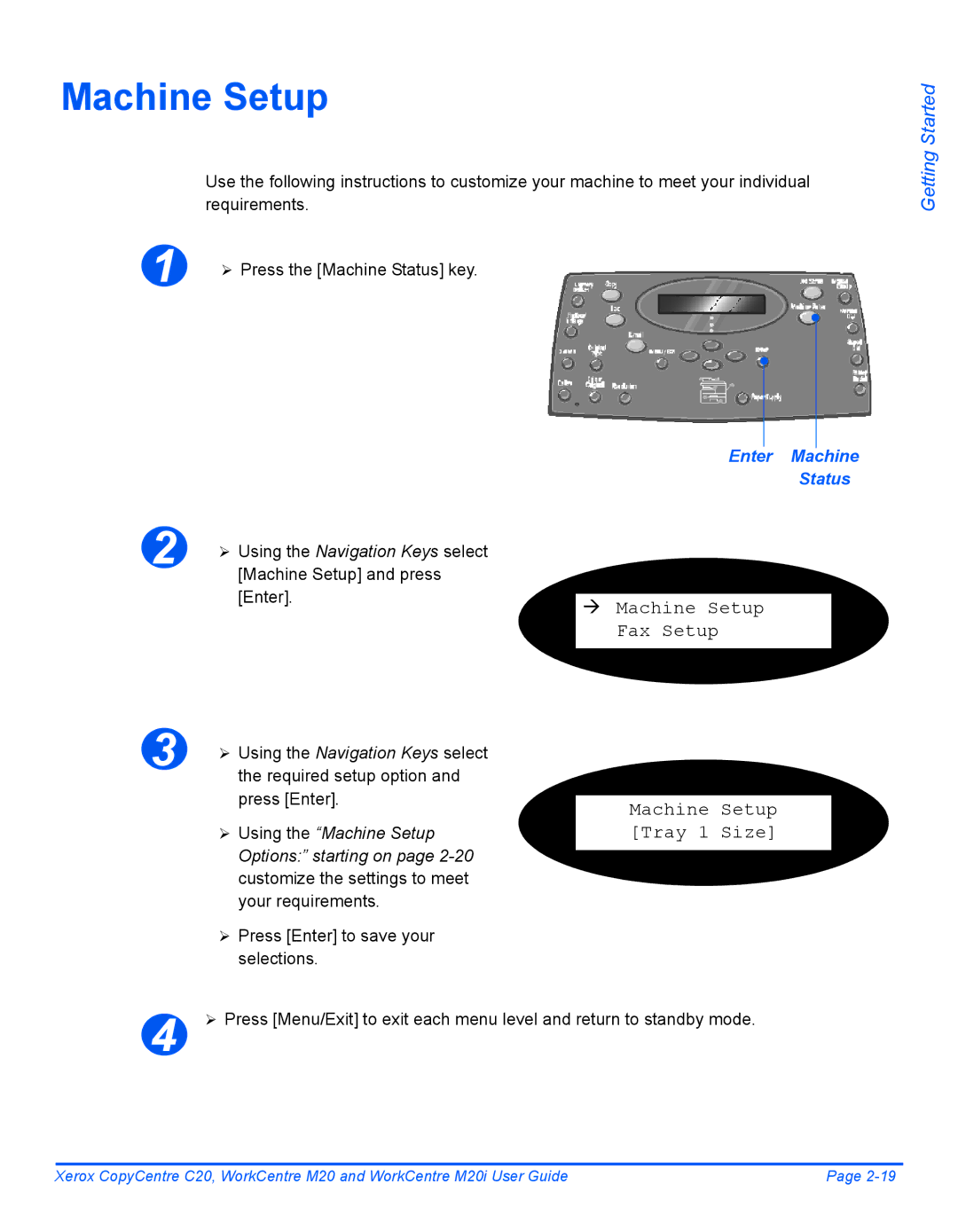 Xerox M20I manual Machine Setup Fax Setup Tray 1 Size, ¾ Press Enter to save your selections, Enter Machine Status 