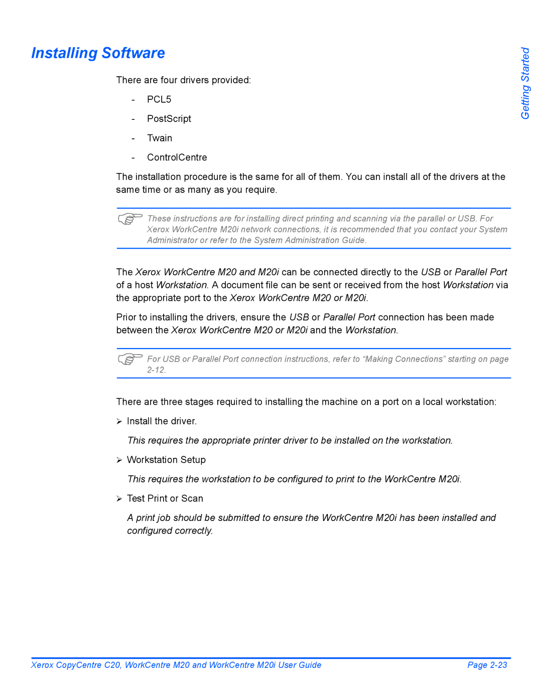 Xerox M20I manual Installing Software, ¾ Workstation Setup, ¾ Test Print or Scan 