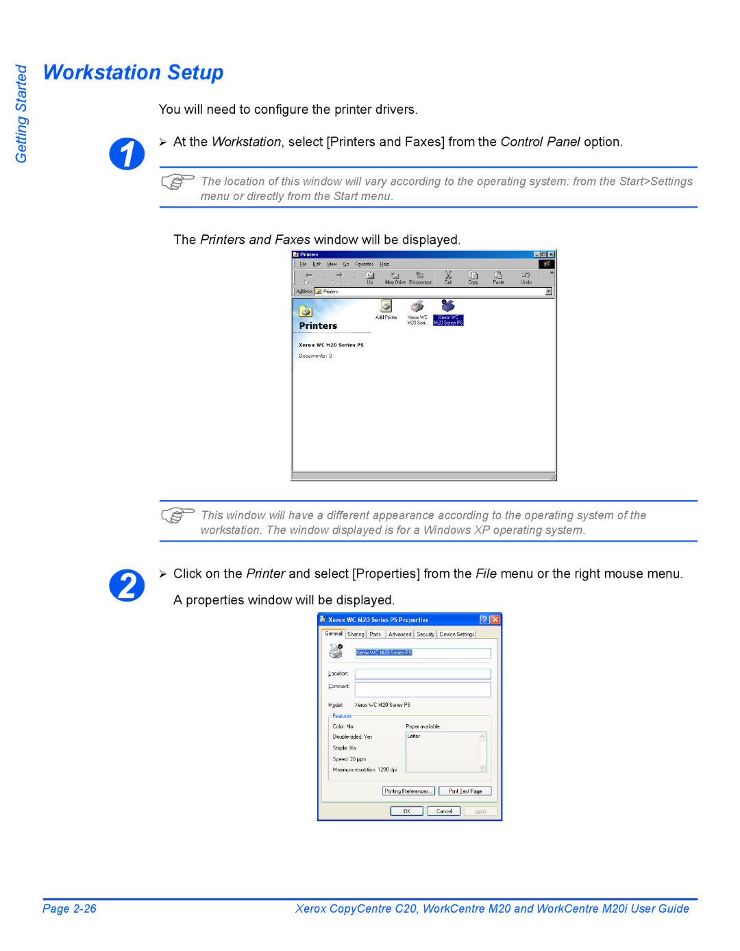 Xerox M20 Workstation Setup, You will need to configure the printer drivers, Printers and Faxes window will be displayed 