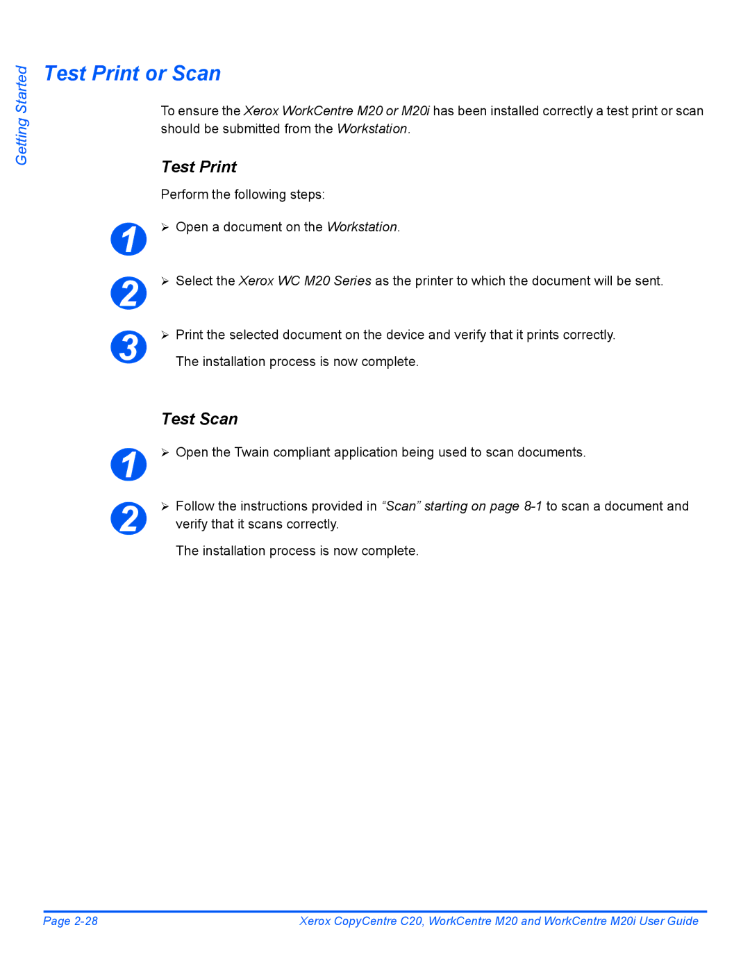 Xerox M20I manual Test Print or Scan, Test Scan 