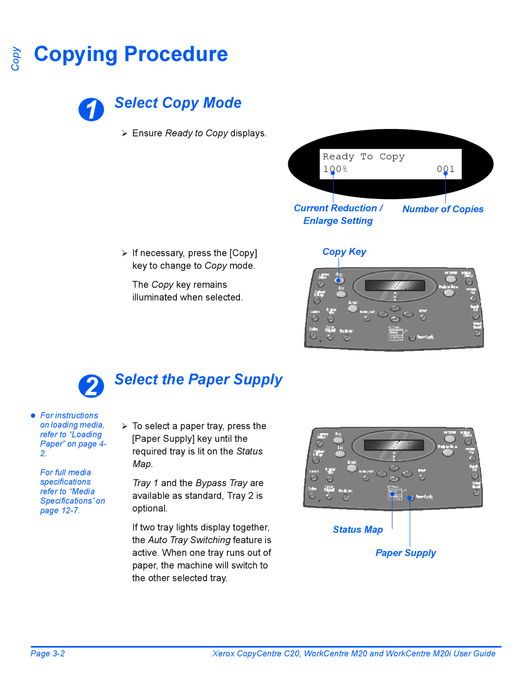 Xerox M20 Copying Procedure, Select Copy Mode, Select the Paper Supply, Current Reduction Number of Copies Enlarge Setting 