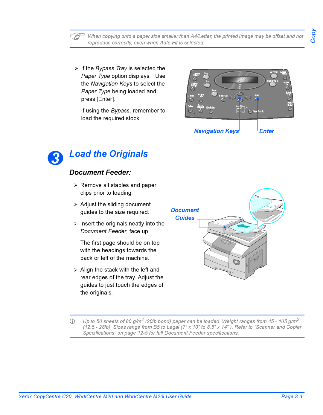 Xerox M20I manual Load the Originals, Document Feeder, Navigation Keys Enter, Document Guides 