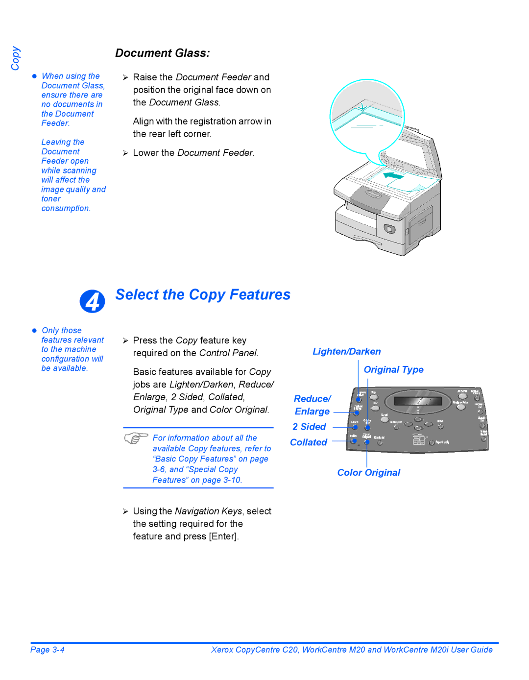 Xerox M20I manual Select the Copy Features, Document Glass, Align with the registration arrow in the rear left corner 