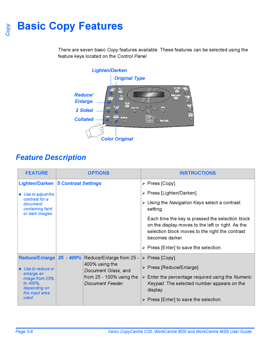 Xerox M20I manual Basic Copy Features, Feature Description, Contrast Settings, 25 400% 