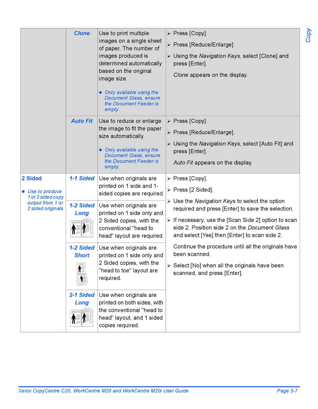 Xerox M20I manual Clone, Auto Fit, Sided, Long, Short 