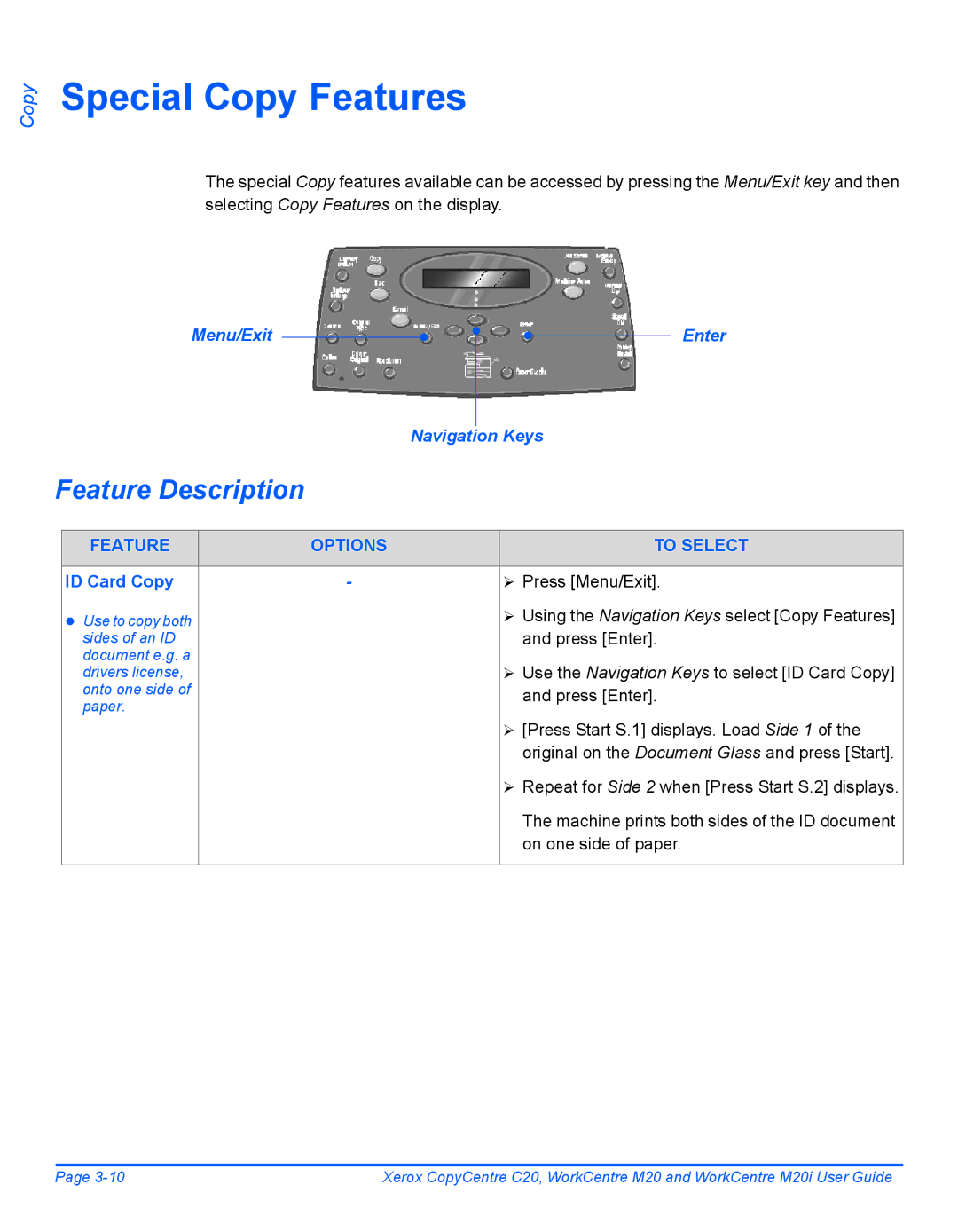 Xerox M20I manual Special Copy Features, Menu/Exit Enter Navigation Keys, ID Card Copy 