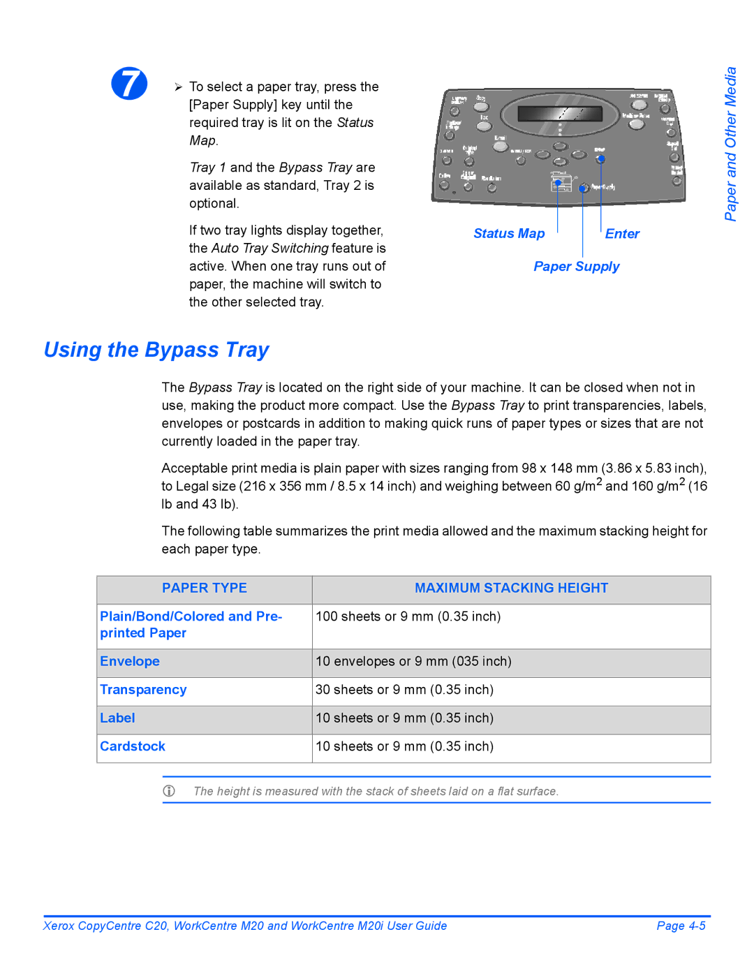 Xerox M20I manual Using the Bypass Tray, Paper Supply key until, Required tray is lit on the Status Map 