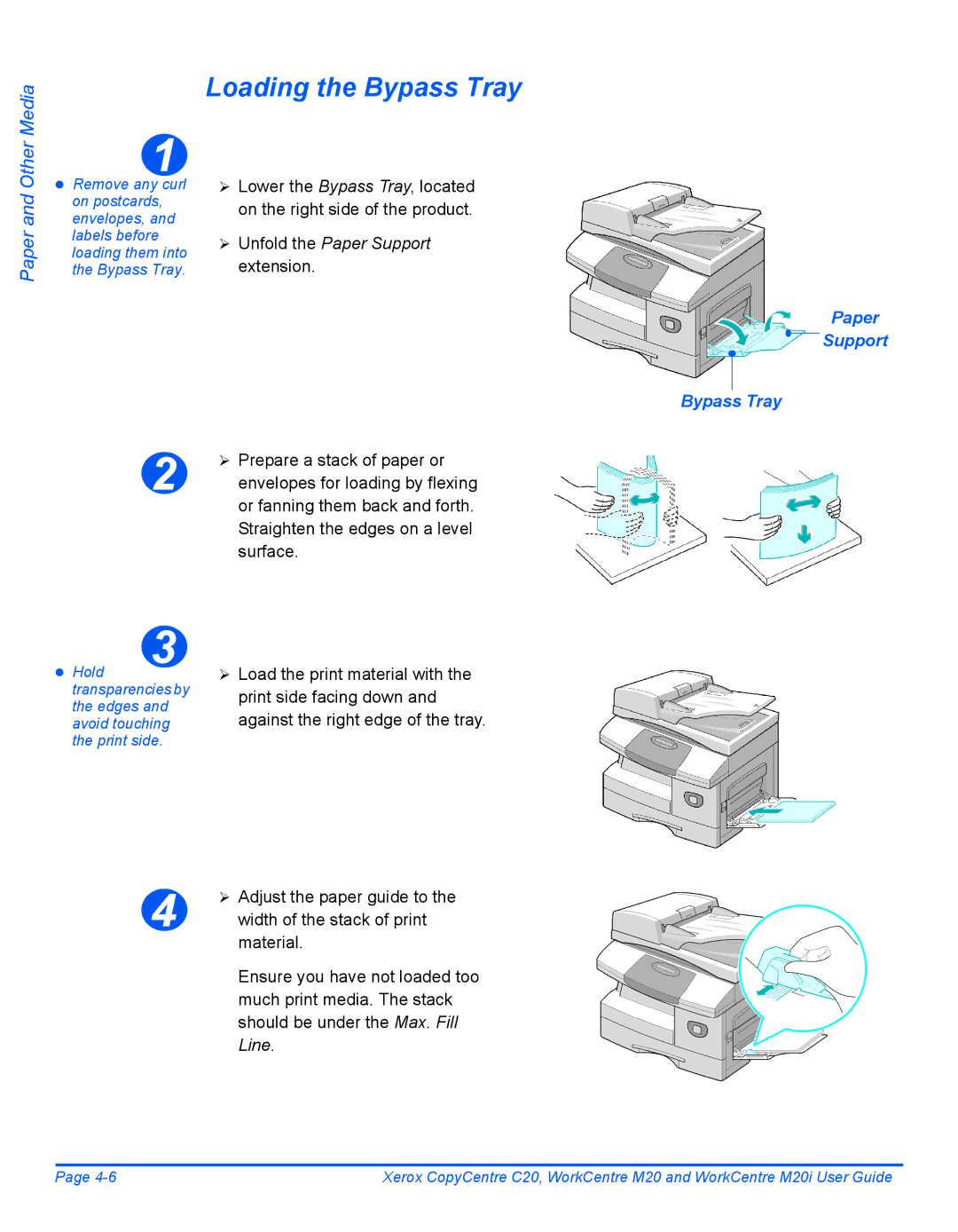 Xerox M20I manual Loading the Bypass Tray, Paper Support Bypass Tray, ¾ Prepare a stack of paper or, Surface 