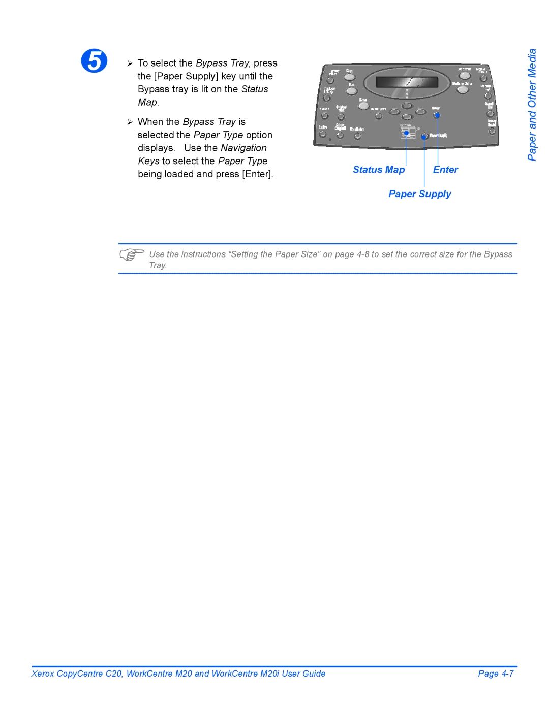 Xerox M20I manual Bypass tray is lit on the Status, Map, Enter Paper Supply 