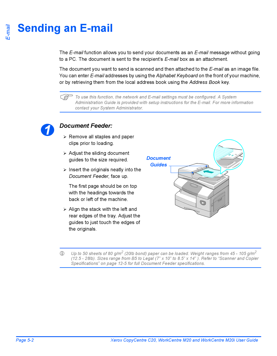 Xerox M20I manual Sending an E-mail, Document, Guides to the size required 