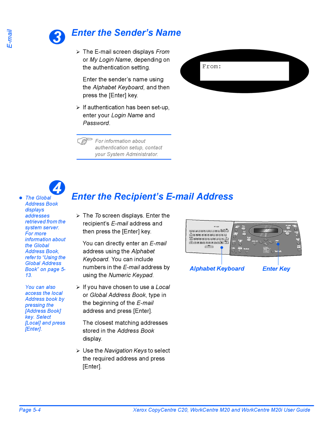 Xerox M20 Enter the Sender’s Name, Enter the Recipient’s E-mail Address, From, Alphabet Keyboard, Using the Numeric Keypad 