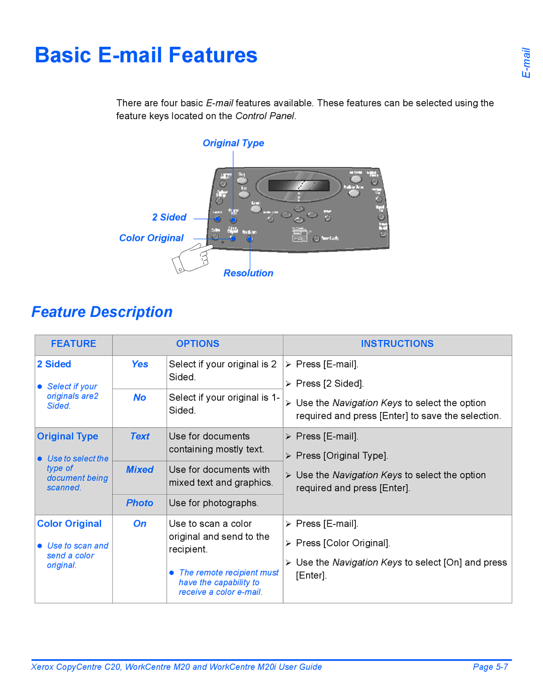 Xerox M20I manual Basic E-mail Features, Original Type Sided Color Original Resolution 