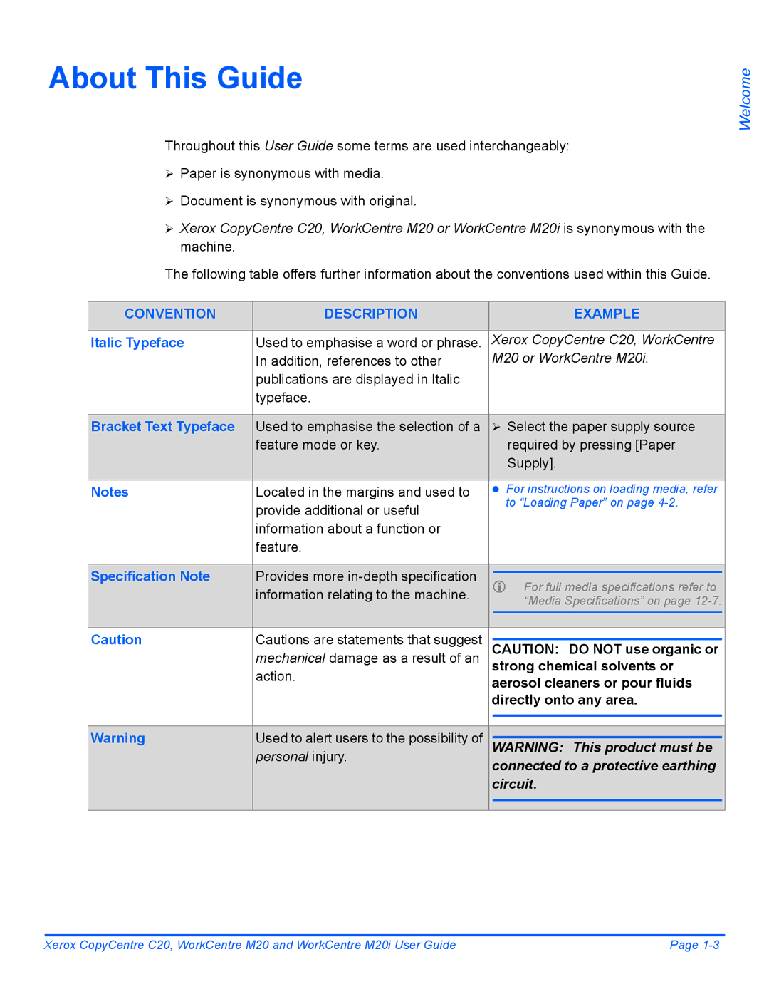 Xerox M20I manual About This Guide, Italic Typeface, Bracket Text Typeface, Specification Note 