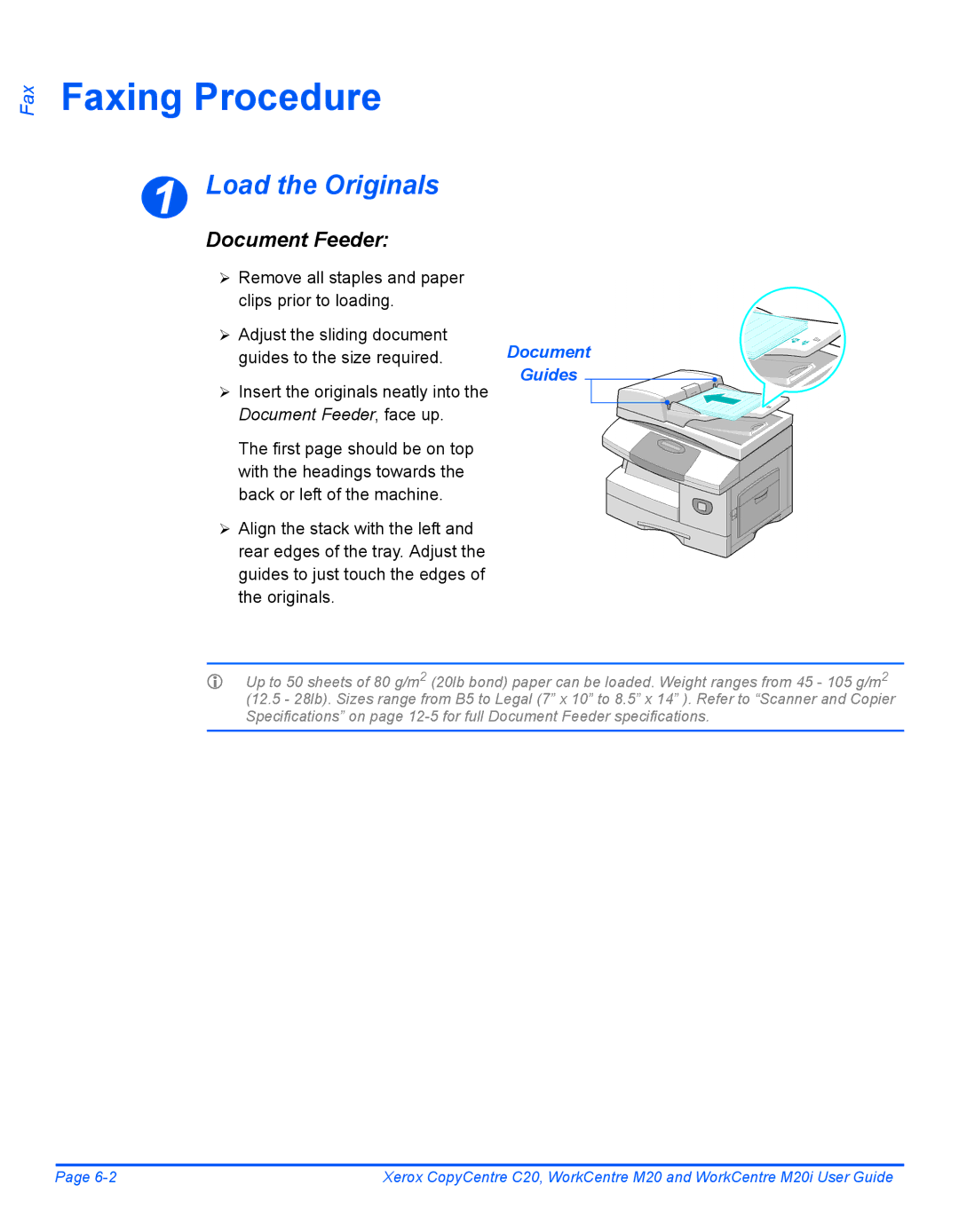 Xerox M20I manual Faxing Procedure, Guides to the size required Document 