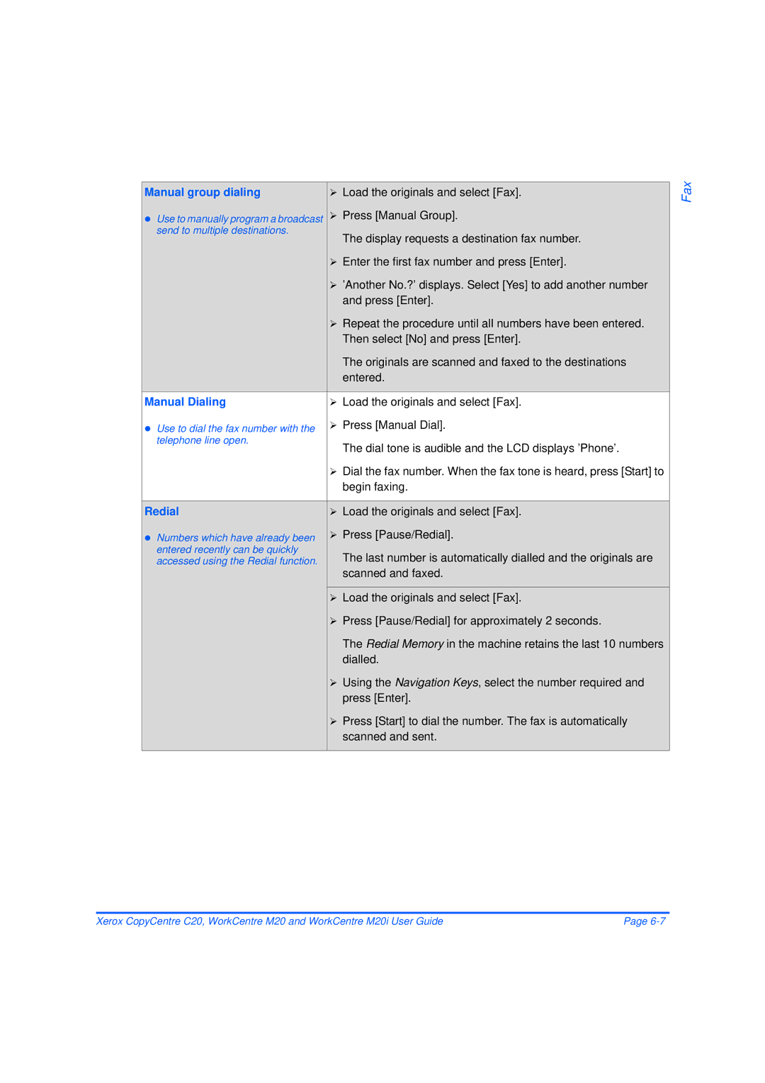 Xerox M20/M20i manual Manual group dialing, Manual Dialing, Redial 