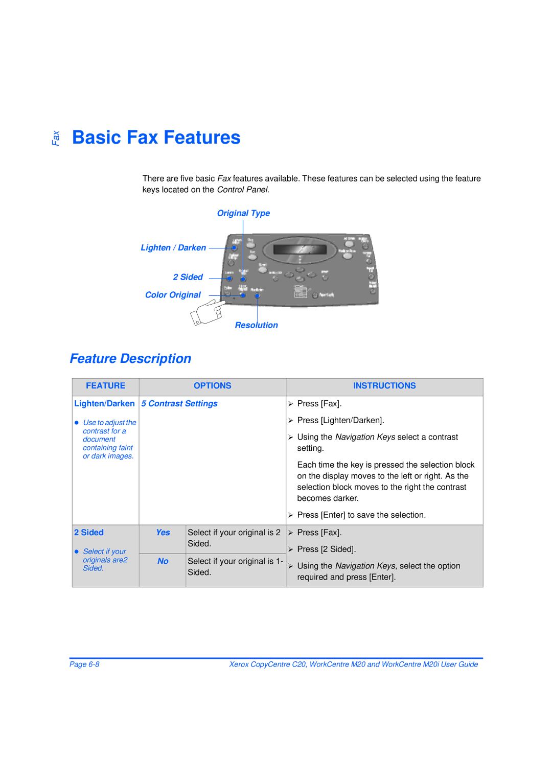 Xerox M20/M20i manual Basic Fax Features, Select if your original is Press Fax, Sided Required and press Enter 