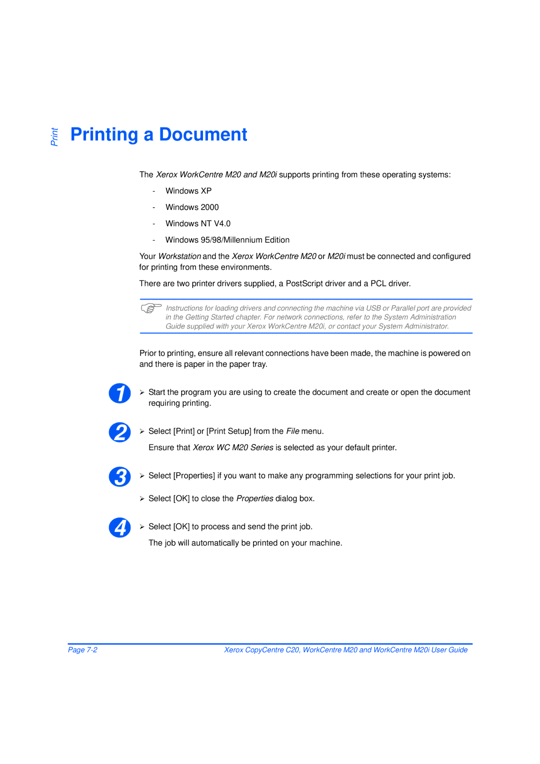 Xerox M20/M20i manual Printing a Document, Requiring printing, Select Print or Print Setup from the File menu 