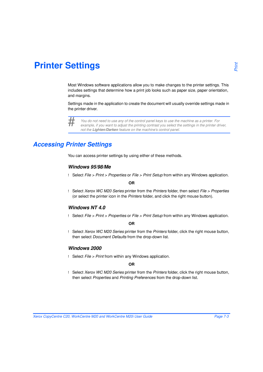 Xerox M20/M20i manual Accessing Printer Settings, Windows 95/98/Me, Windows NT 