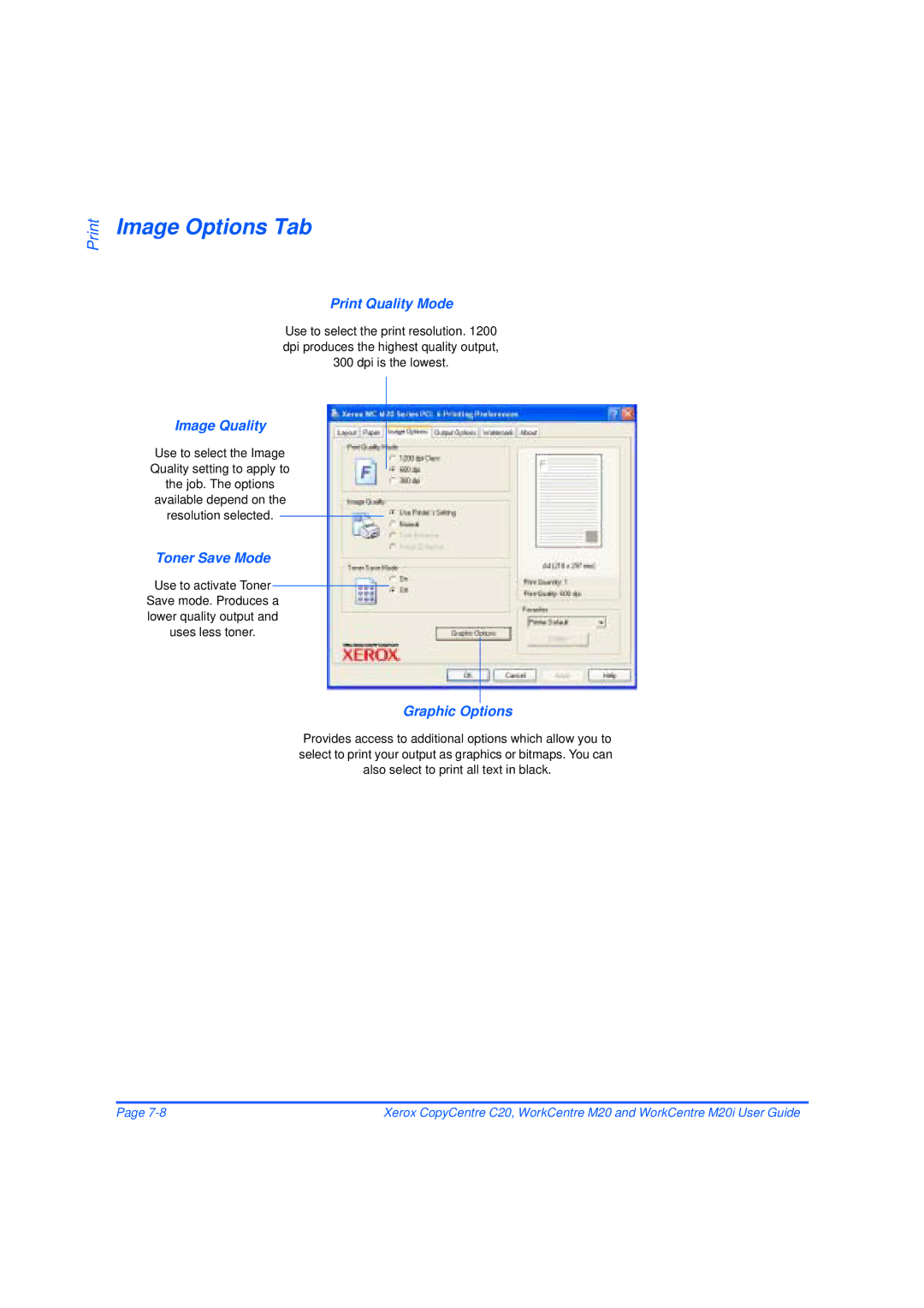 Xerox M20/M20i manual Image Options Tab, Print Quality Mode, Image Quality, Toner Save Mode, Graphic Options 