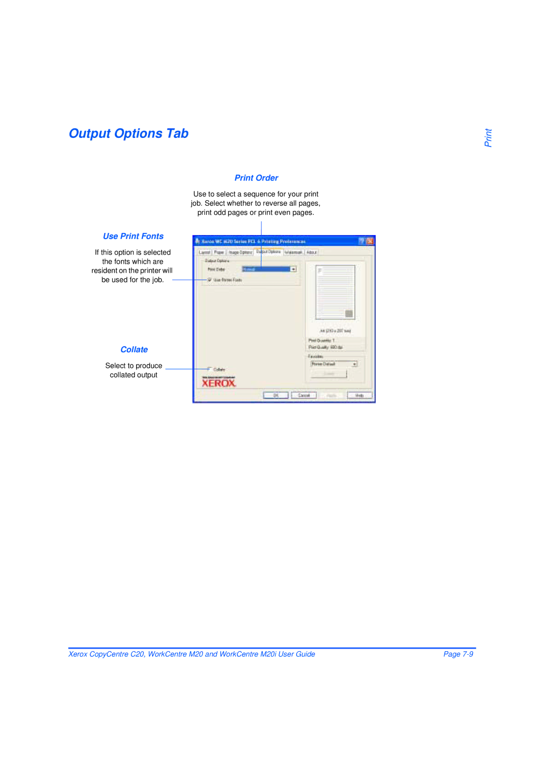 Xerox M20/M20i manual Output Options Tab, Print Order, Use Print Fonts, Collate 