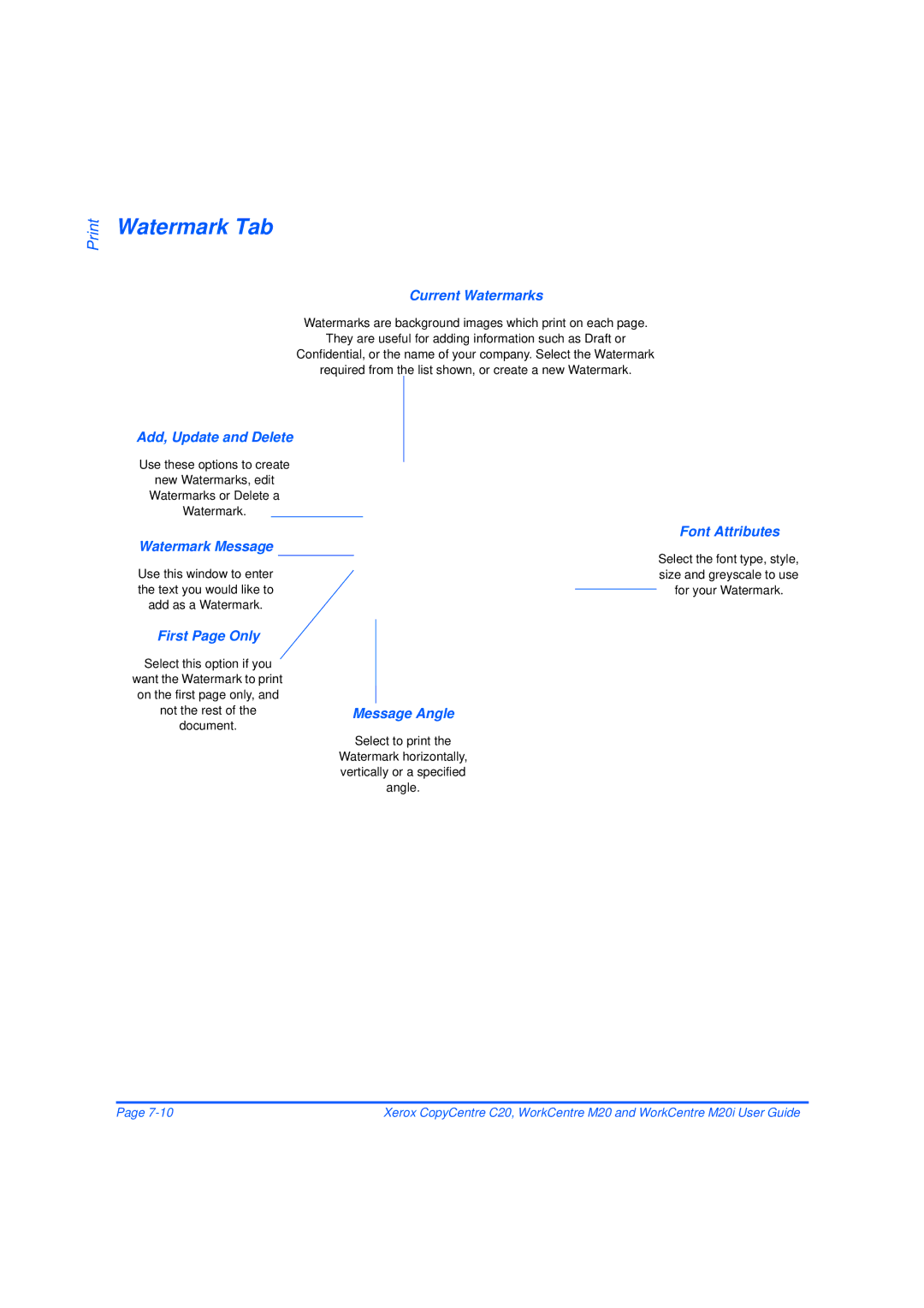 Xerox M20/M20i manual Watermark Tab, Current Watermarks, Add, Update and Delete, Font Attributes, First Page Only 