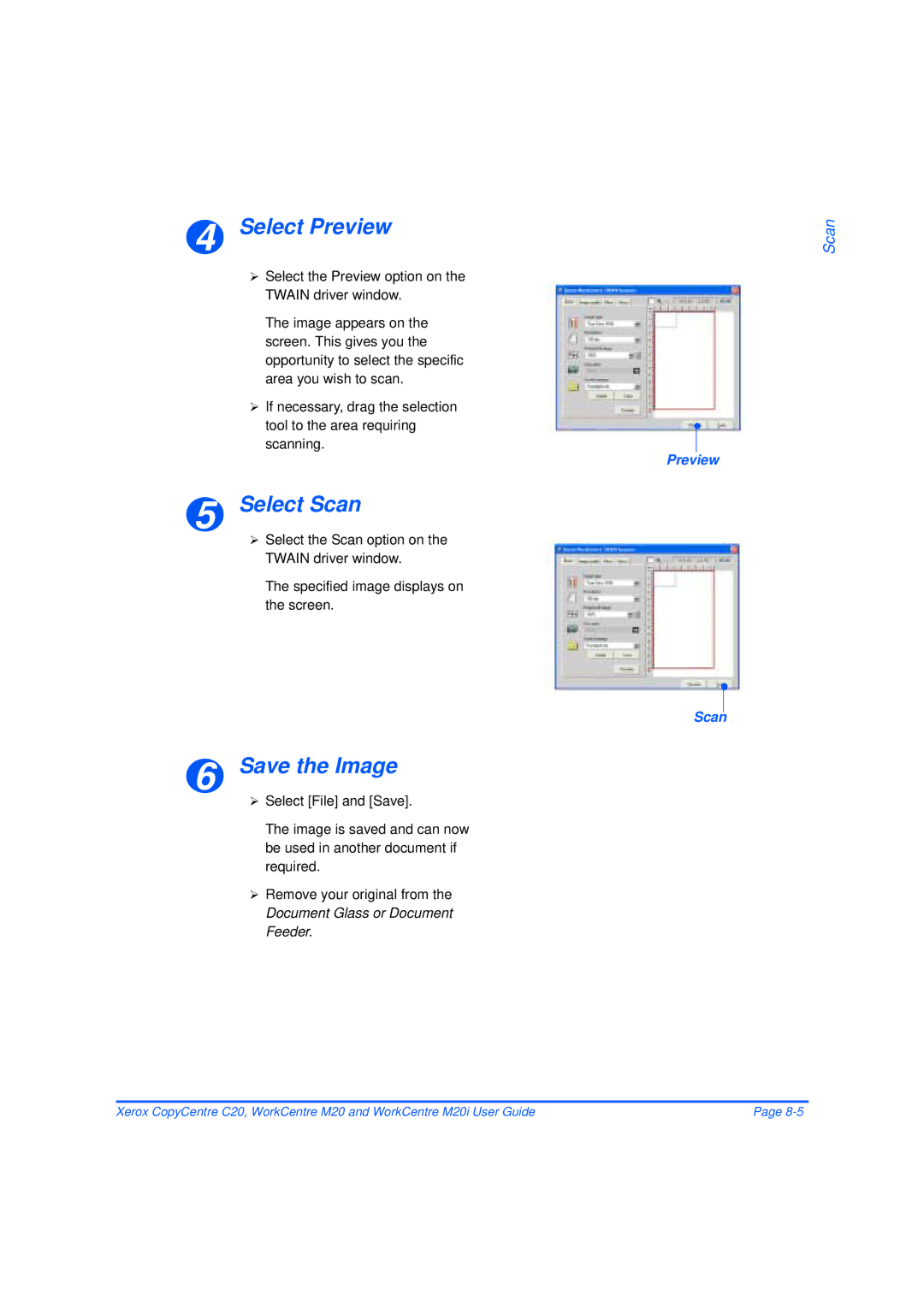 Xerox M20/M20i manual Select Preview, Select Scan, Save the Image 