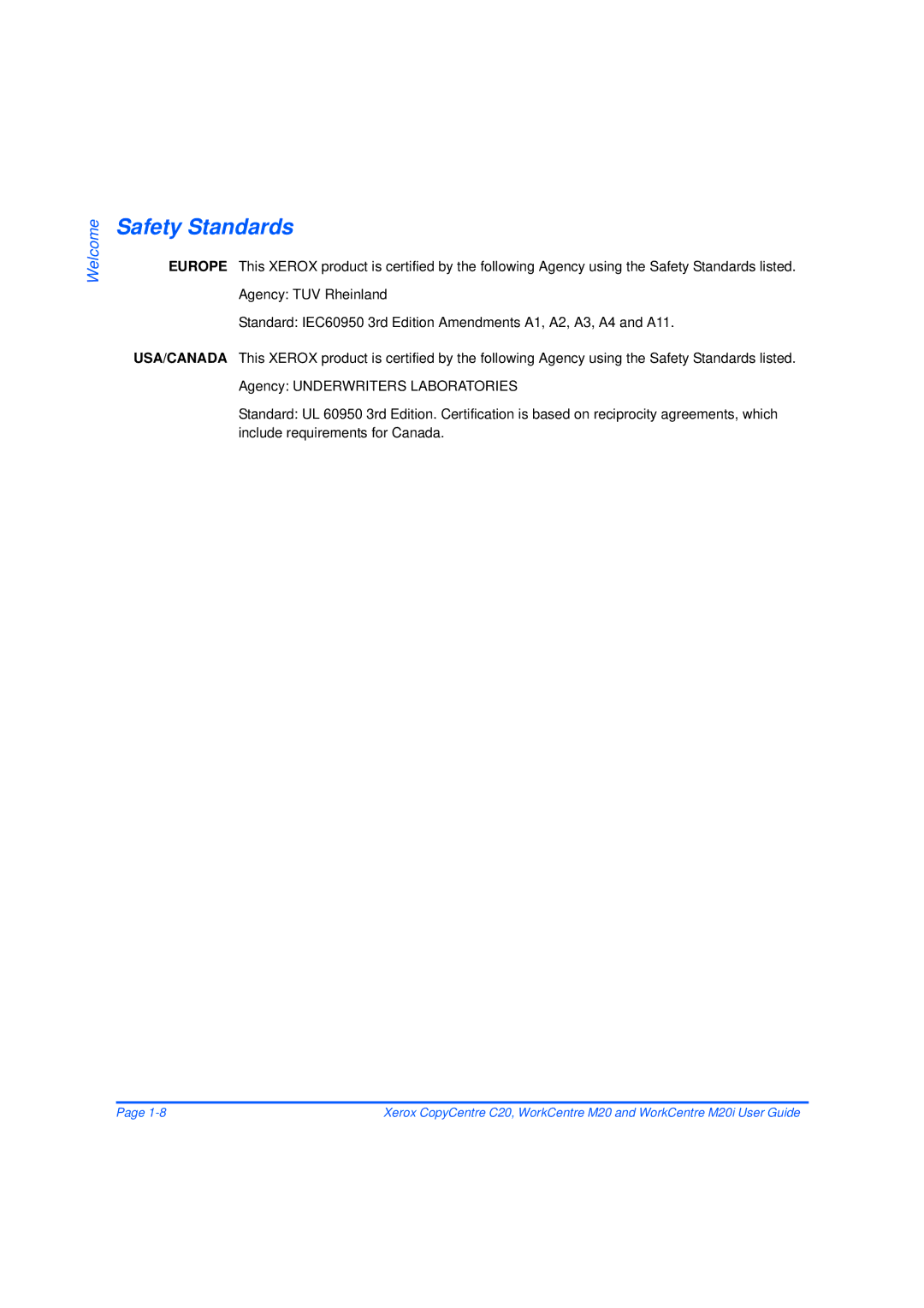 Xerox M20/M20i manual Safety Standards 