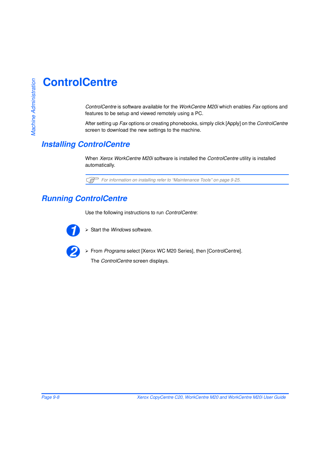 Xerox M20/M20i manual Installing ControlCentre, Running ControlCentre, ControlCentre screen displays 