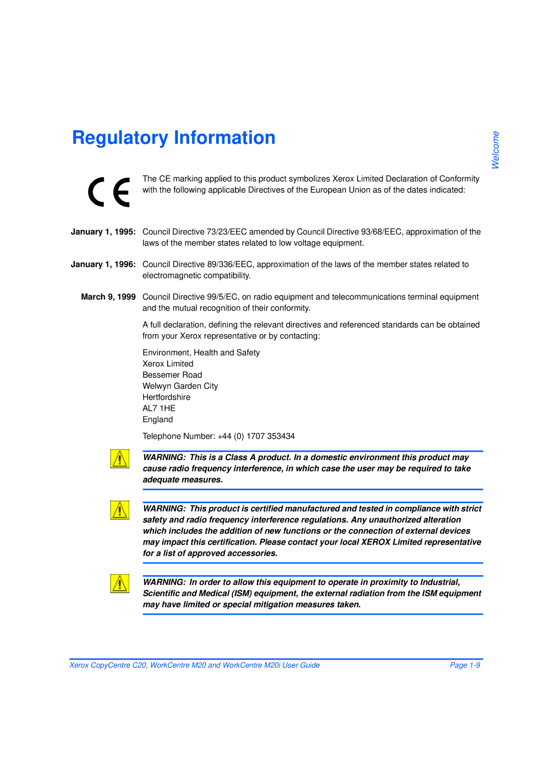 Xerox M20/M20i manual Regulatory Information, England Telephone Number +44 0 1707 