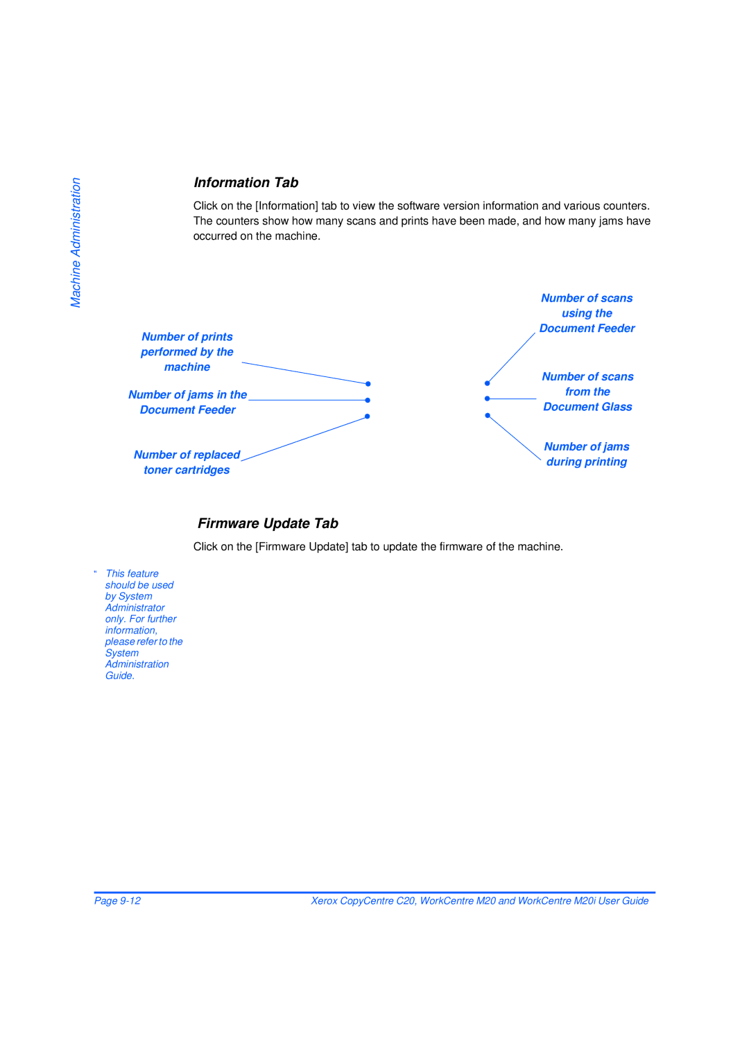 Xerox M20/M20i manual Information Tab, Firmware Update Tab, Using, Number of prints 