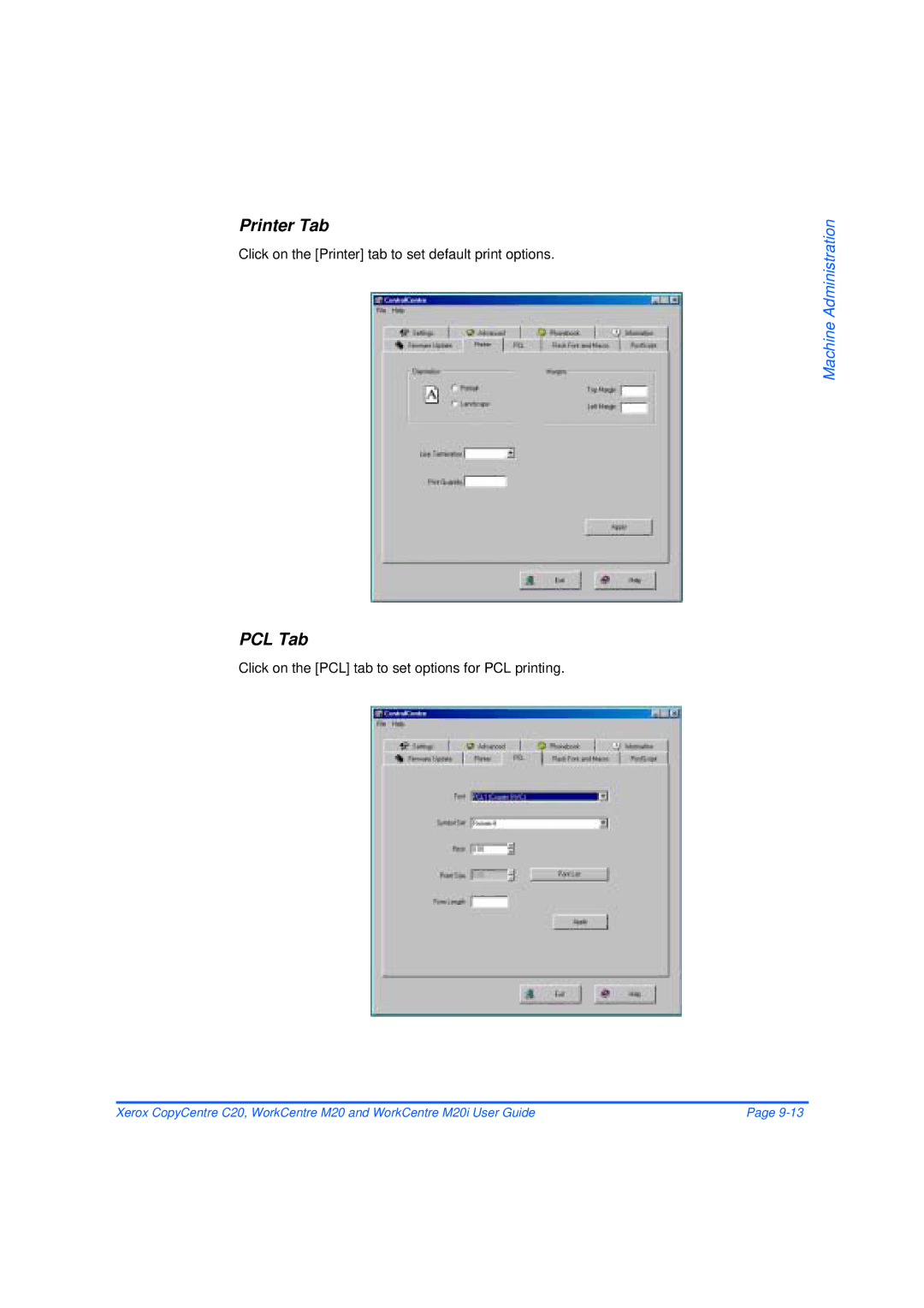 Xerox M20/M20i manual Printer Tab, PCL Tab, Click on the Printer tab to set default print options 