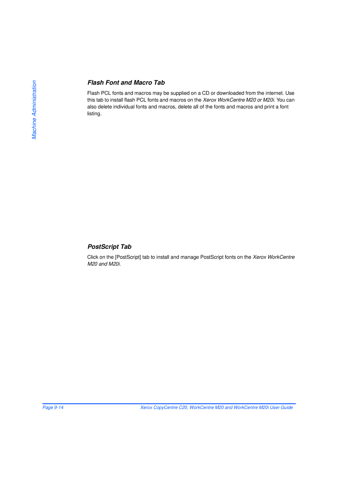 Xerox M20/M20i manual Flash Font and Macro Tab, PostScript Tab 