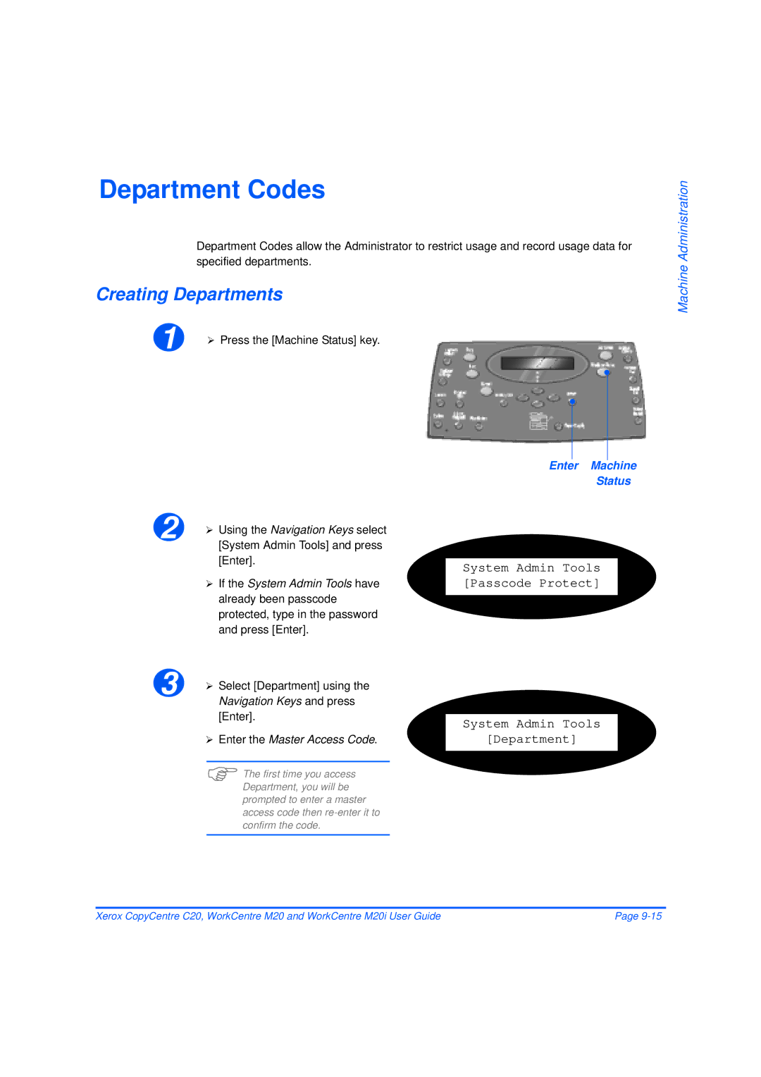 Xerox M20/M20i manual Department Codes, Creating Departments, Enter the Master Access Code 