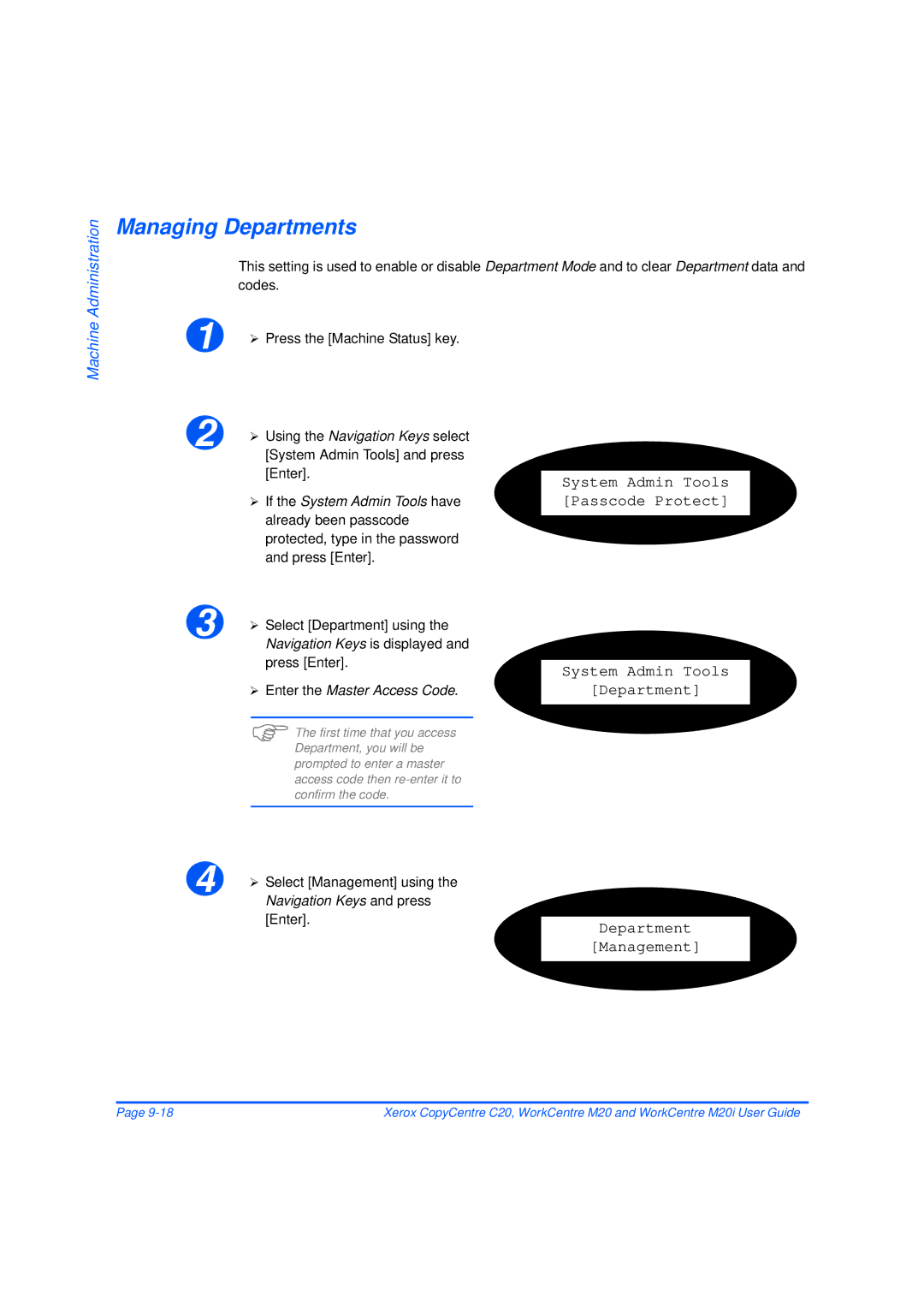 Xerox M20/M20i manual Managing Departments, Select Department using, Select Management using, Navigation Keys and press 