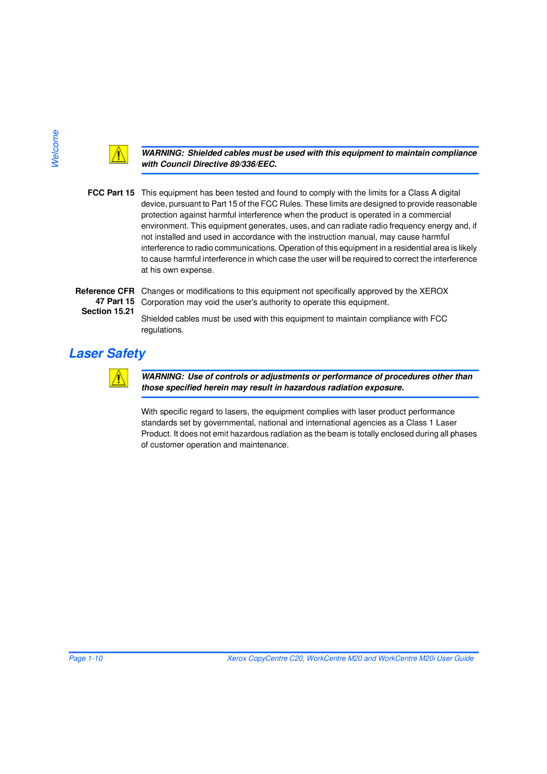 Xerox M20/M20i manual Laser Safety, At his own expense, Regulations 